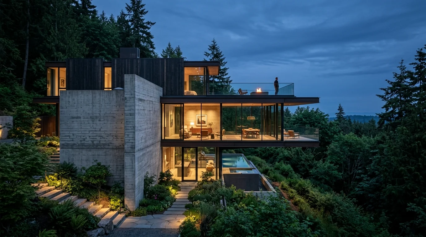 Koru Villa orman yamacında konsol kütleli brütalist villa mimarisi