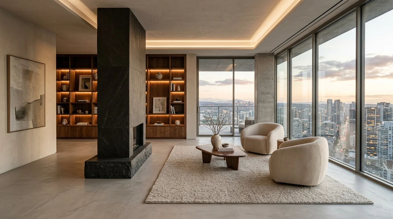 Marina Residence monolitik şömineli penthouse iç mekân tasarımı