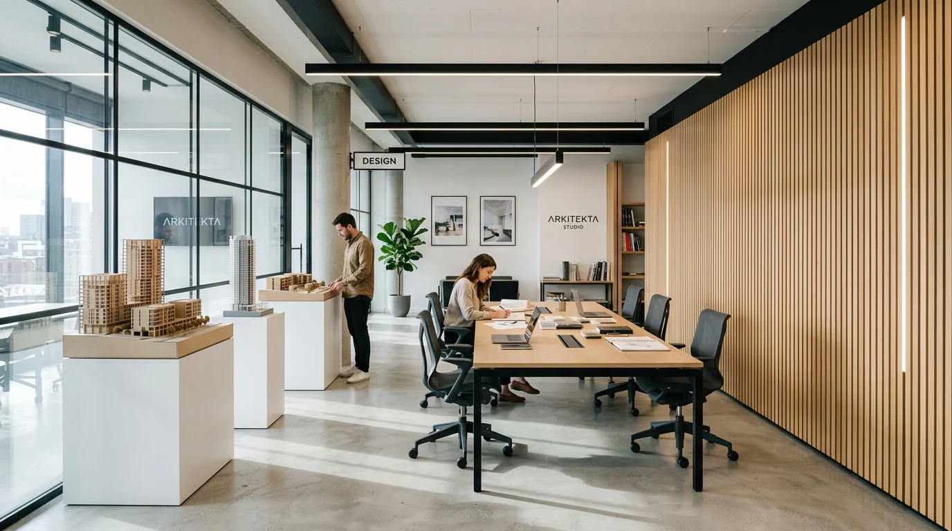 Mono Office ahşap akustik panelli çağdaş ofis iç mimarisi