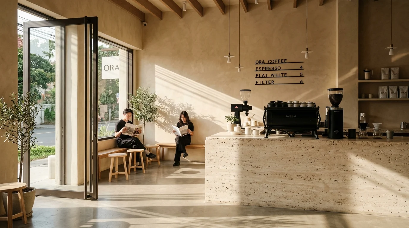 Terra Cafe traverten monolitik bar tezgahı ve doğal kireç sıvalı kafe tasarımı
